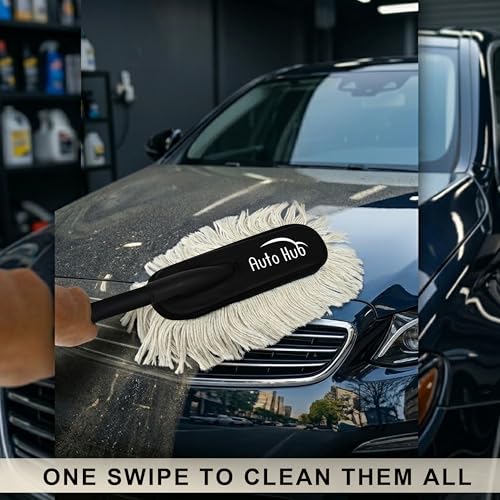 Image of Auto Hub Car Duster - Lint-Free & Scratch-Free Car Cleaner Brush with Long Handle - Car Dust Cleaner Features Paraffin Wax Coating for 2X Better Cleaning Performance - Car Cleaning Brush - Pack of 2