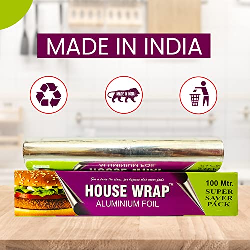 Image of House Wrap Aluminium Foil 100 Meters for Food Packing, Cooking, Baking | Super Saver Family Pack | Foil Paper for Food Wrap 11 Microns Thickness (Pack of 2)