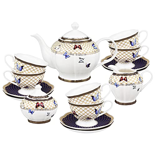 fanquare 21 Pezzi Servizio da Tè Pomeridiano in Porcellana Vintage, Servizio da Caffè con Motivo a Farfalla Colorato, Servizio da Caffè Pomeridiano per 6 Persone