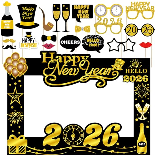Lucleag New Year 2026 Photo Booth Props Set, 20Pcs Photo Booth Props & Selfie Frame for Happy New Year Party Decorations, Black Gold Photo Props for 2026 NYE Party Supplies