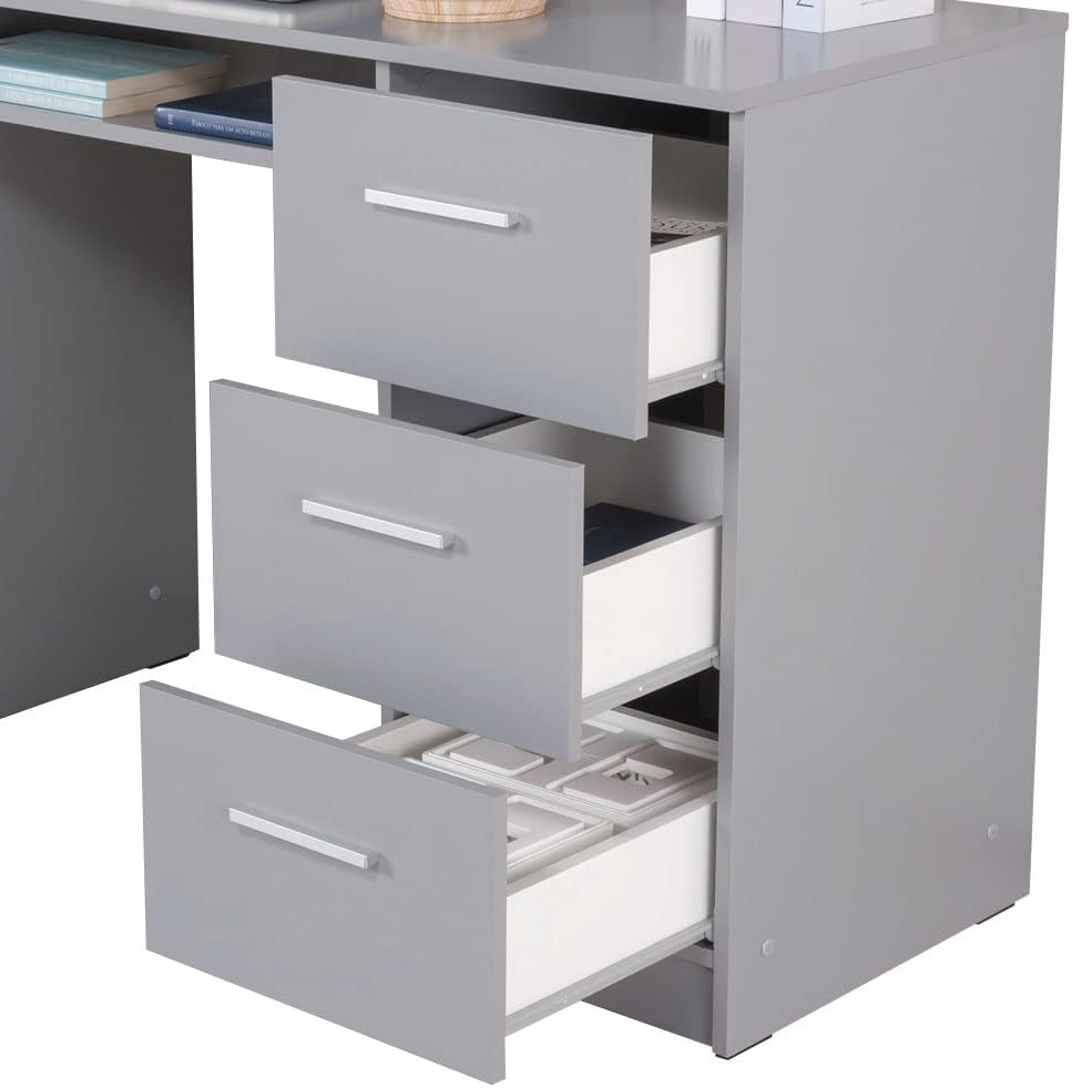 Gray Wood Gaming Desk with Drawer and Shelf