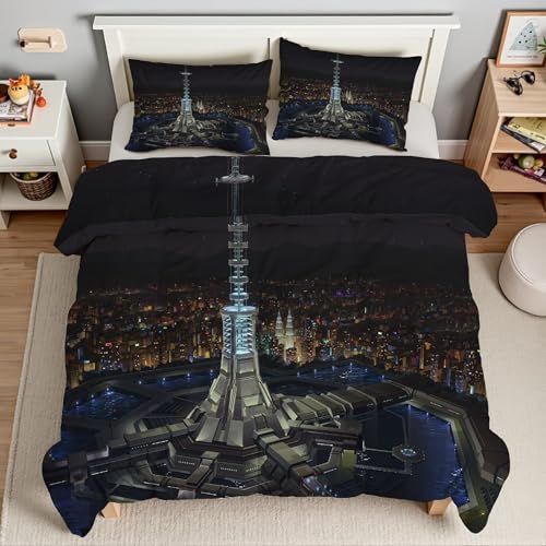 Generico Piumino Matrimoniale Città Trapunte Torre Piumone Imbottito Resistente Lavabile, Super Morbida Trapunta, piumini 220x240 cm in Microfibra Reversibile e 2 Federa 50x80 cmT5357