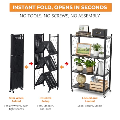 Image of COKIHOM 4 Tier Foldable Storage Shelf, Large Capacity Metal Shelf Rack, Rolling Bookshelf with Wheels, Wire Shelf Organizer for Kitchen, Pantry, Office, Garage, Basement, Black