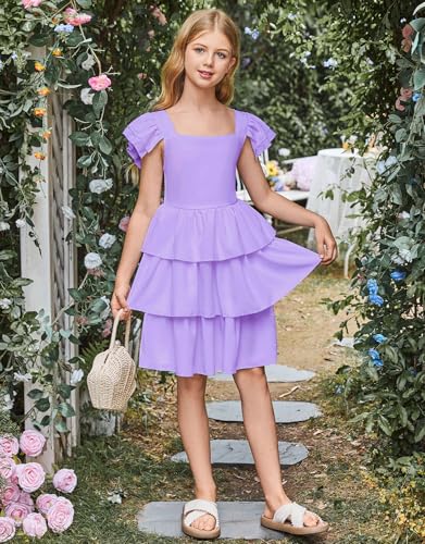 21KIDS Girls Summer Flutter Sleeve Smocked Dress Elegant Tiered Casual Dresses for Girls 12 Years2