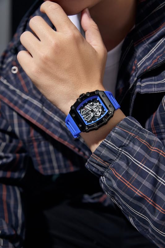 Image of Giordano Analog Quartz Watch for Men with Skeleton Rectangle Dial, Date Function, Luminous Hands and Markers, Silicone Strap - GZ-50237