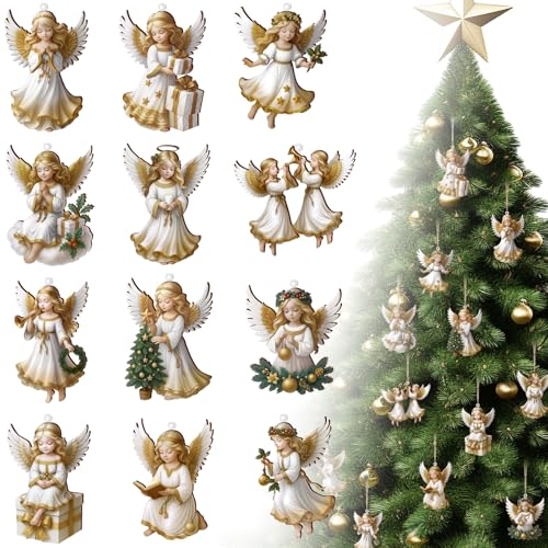12 PCS Wooden Angel Christmas Ornaments Vintage Style Religious Christmas Hanging Decor for Xmas Tree Rustic Home & Holiday Decor