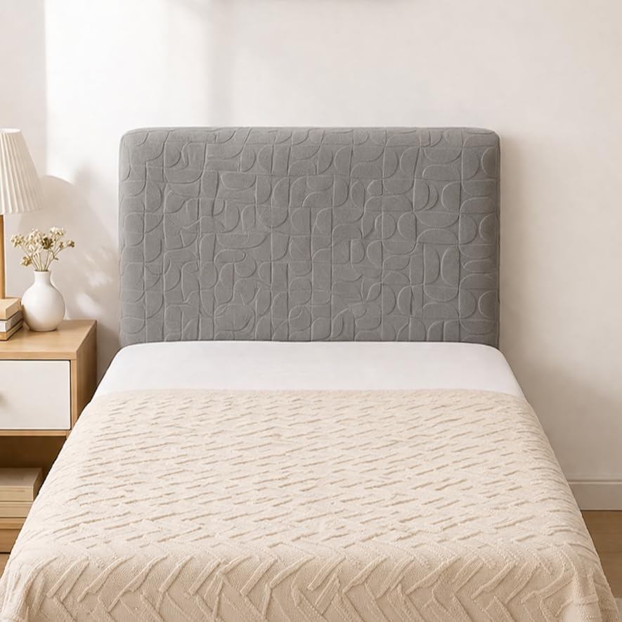 Image of HOMETHREADS Stretchable Lycra /Velvet Headboard Cover | Soft, Dust-Proof & Wrinkle-Resistant Bed Back Protector | Fits Leather, Wooden & Fabric Bedsides | for 3ft to 3.5ft Beds (Grey, 90x65Cm)