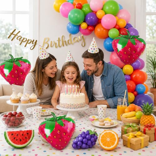 Image of Fruit Theme Birthday Decoration Kit with Colorful Balloon, Strawberry Foil Balloons, Happy Birthday Banner, Tropical Party Backdrop Decor for Kids Birthday Celebration Supplies