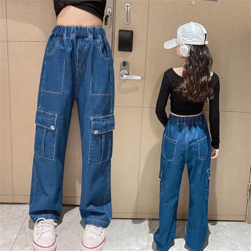 Denim Cargo Pants for Teen Girls High Waisted Streetwear Cargo Jeans Y2K Elastic Waist Jeans Straight Leg Denim Pants4