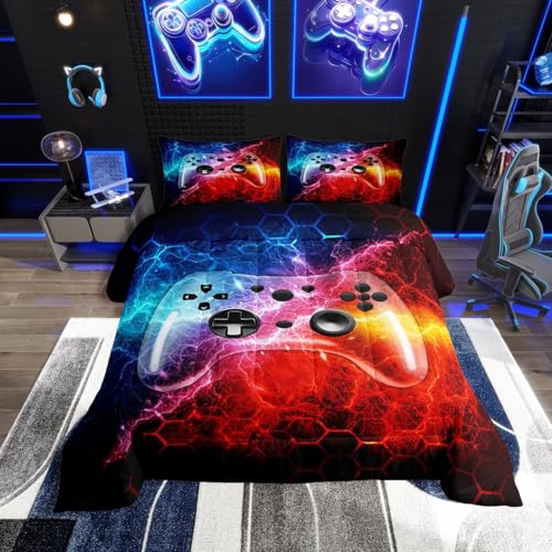 Gamer Gaming Bedding Sets Red Blue Lightnings Gamepad Gaming Comforter Set for Boys Video Game Console Colorful Modern Room Decor Home Bed Set Honeycomb Geometric Black Quilt(Full,Red Blue)