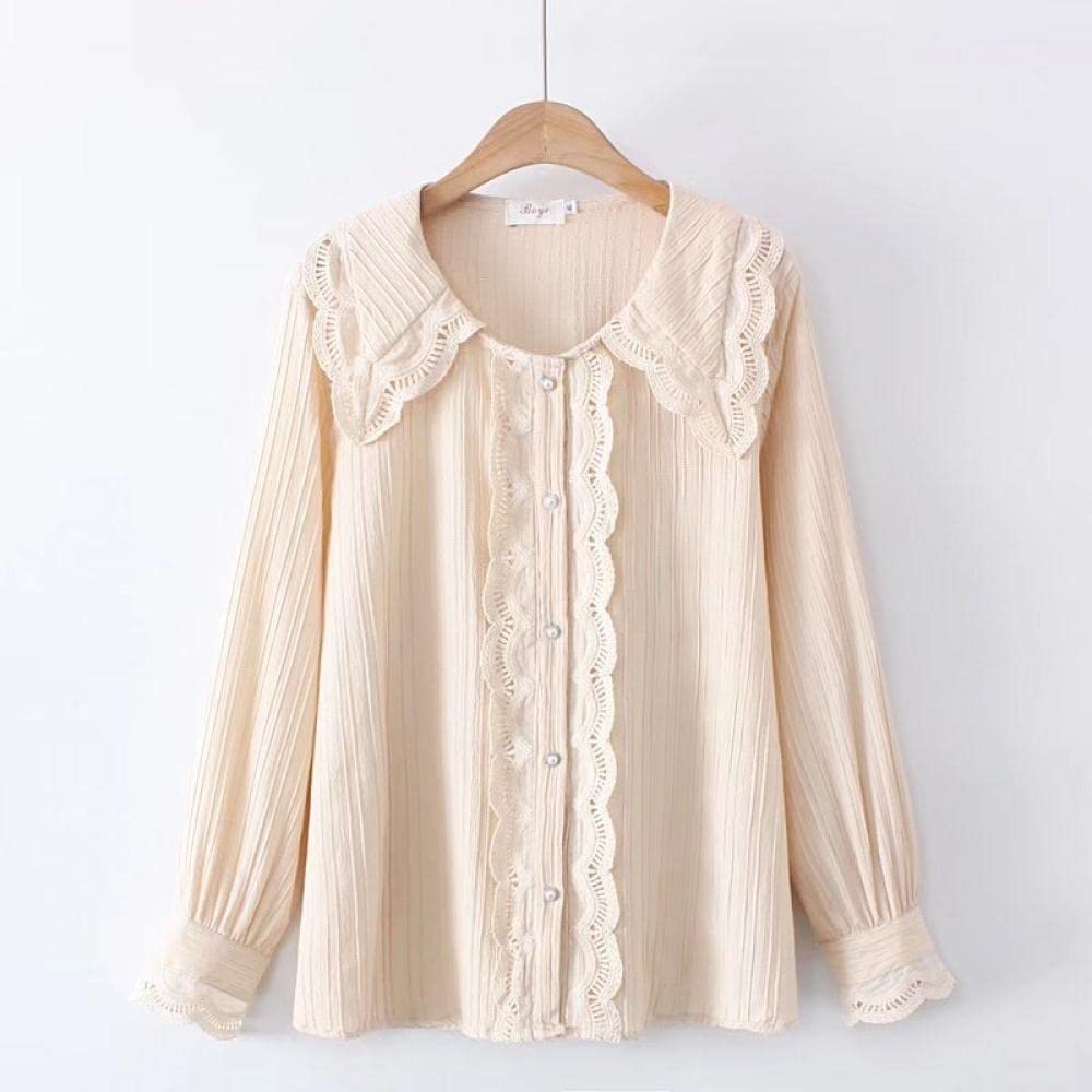 Hemd Damen,Damen Beige Baumwolle Rundhalsausschnitt Puppenkragen Spitze Knopf Süße Langarm Sommerblusen Elegant Lässig Stilvolle Oberteile Lockeres Hemd