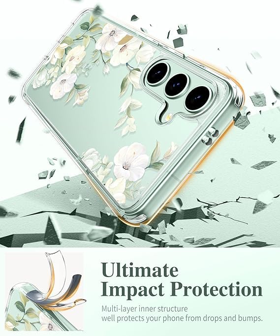 Image of Elzzi Clear Transparent Flower Cover For Samsung S25 Ultra 5g Case Shockproof Case Floral Design Camera Protection Shockproof PC+TPU Transparent Flower Cover For Girls & Women (Green)