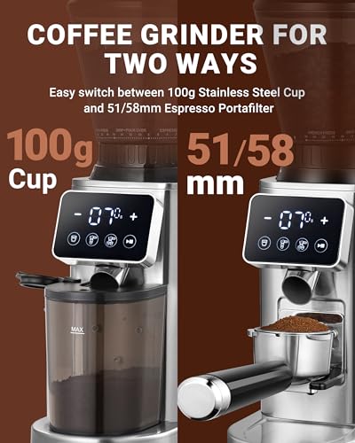 Image of AMZCHEF Conical Burr Coffee Grinder, Anti-Static Burr Mill with Precision Timer & LED Touchscreen, 48 Grind Settings, for Espresso, Drip, Pour Over, Cold Brew & French Press, Metallic Silver