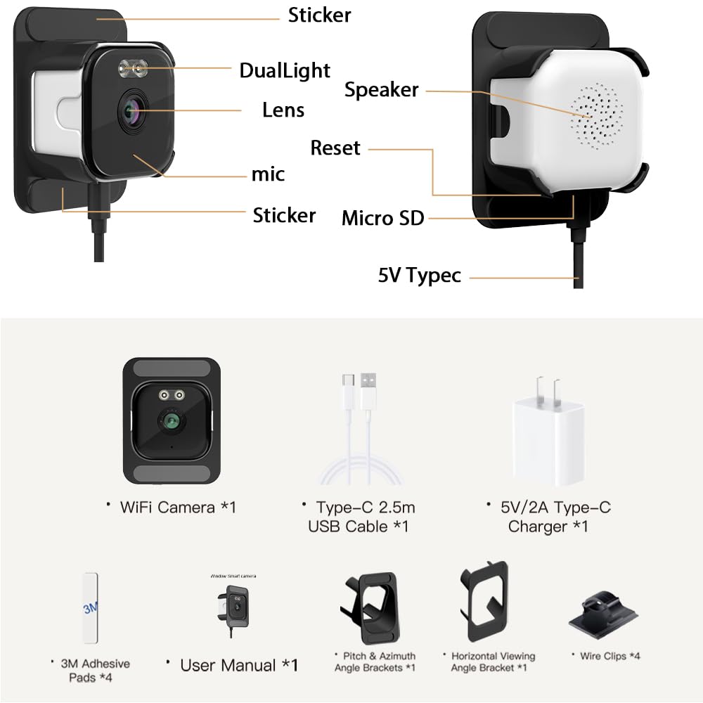 EVERSECU Telecamera per finestre 2K con supporto adesivo, visione notturna a colori Starlight, rilevamento del movimento, audio a 2 vie, WiFi 2.4G/5G, compatibile con Alexa, perfetta per porta