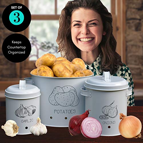 Potato Onion Garlic Storage Bin with Lid - Set of 3 - Kitchen Pantry Organizer and Tin Vegetable Keeper - Vintage White Farmhouse Metal Containers - Counter Fresh Produce Canister Bins by GOVÅ - Thumbnail 2