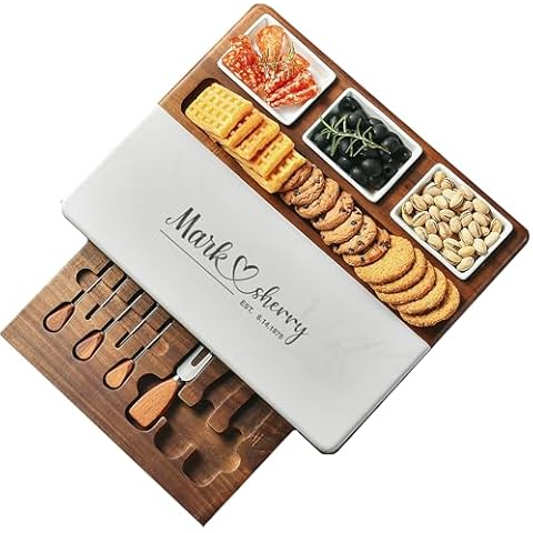 Shanik Wood - Marble Cheese Board Set with 3 Ceramic Bowls - Stainless Steel Cutlery Set, Charcuterie Board Set & Gift for Any Occasion (with Engraving) Cover