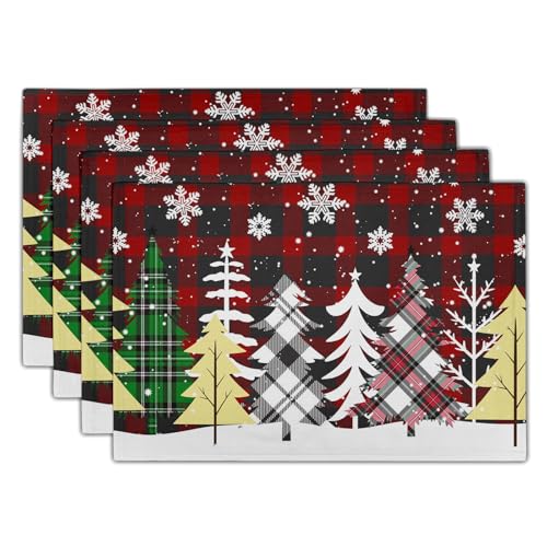 Merry Christmas Trees Placemats Red Black Buffalo Plaid Christmas Placemats Winter Xmas Tree Table Mats 12x18 Inch Seasonal Holiday Farmhouse Christmas Placemats for Home Kitchen Dining Party