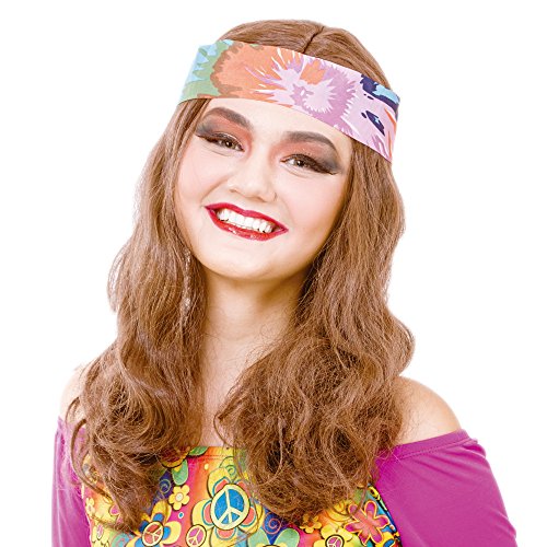 Hippy Girl Brown Curly Cosplay Wig-Synthetic Women's 70s 80s Hippie Chick Costume Halloween Party Wigs with Headband