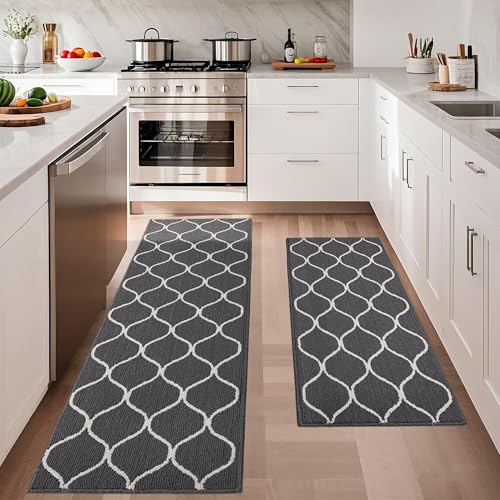 COSY HOMEER 2PCS 23.6x47 Inch 23.6x71.2 Inch Kitchen Rug Mat Set, Soft Absorbent Runner Rugs for Kitchen Front of Sink, Non Slip Washable Kitchen Mat for Floor, Grey 23.6 x 47 Inch + 23.6 x