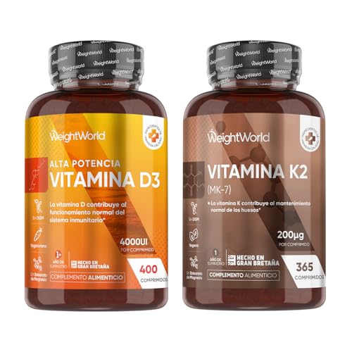 Vitamina D3 4000UI + Vitamina K2 MK-7 200μg - Pack Anual para Huesos y Sistema Inmunitario - 400 Comprimidos de D3 + 365 Comprimidos Veganos K2 ALL-TRANS, Sin OGM