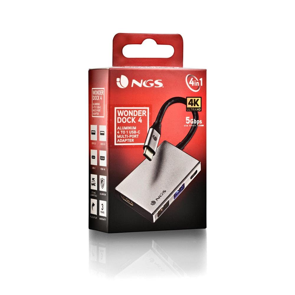 NGS WONDER DOCK 4 - 4 w 1, hub typu USB-C, adapter wieloportowy (USB 3.0, USB 2.0, USB-C, HDMI). Kompatybilny z: MacBook Pro, MacBook Air, iPAd Pro, XPS, Chromebook oraz innymi urządzeniami wyposażonymi w USB-C