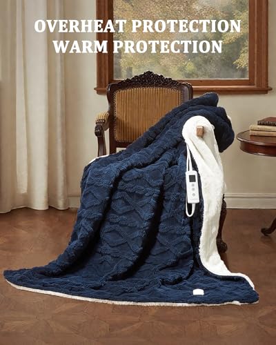 CAROMIO Electric Blanket Twin Size - Thick Tufted Sherpa Heated Blanket Twin with 10 Heating Levels and 10 Time Settings, ETL Certified Machine Washable Fast Heating Blanket Twin 62"×84", Navy Blue
