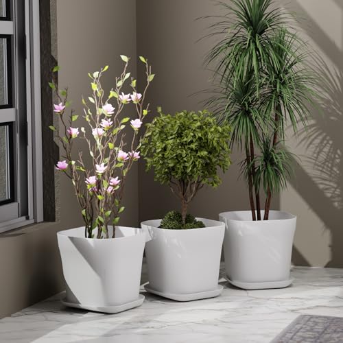 Image of StyleX Store Pack of 3 Square Plastic Flower Pot with Tray | Modern Indoor Outdoor Planter for Home Balcony Garden Office | Durable Lightweight Planter Pot | 6 Inch, White