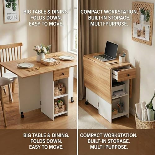 Image of FFO Folding Dining Table for Small Spaces | Compact Table with Drawer & Storage Shelves | Red Oak & White Finish | 120 x 72 x 75 cm | DIY.