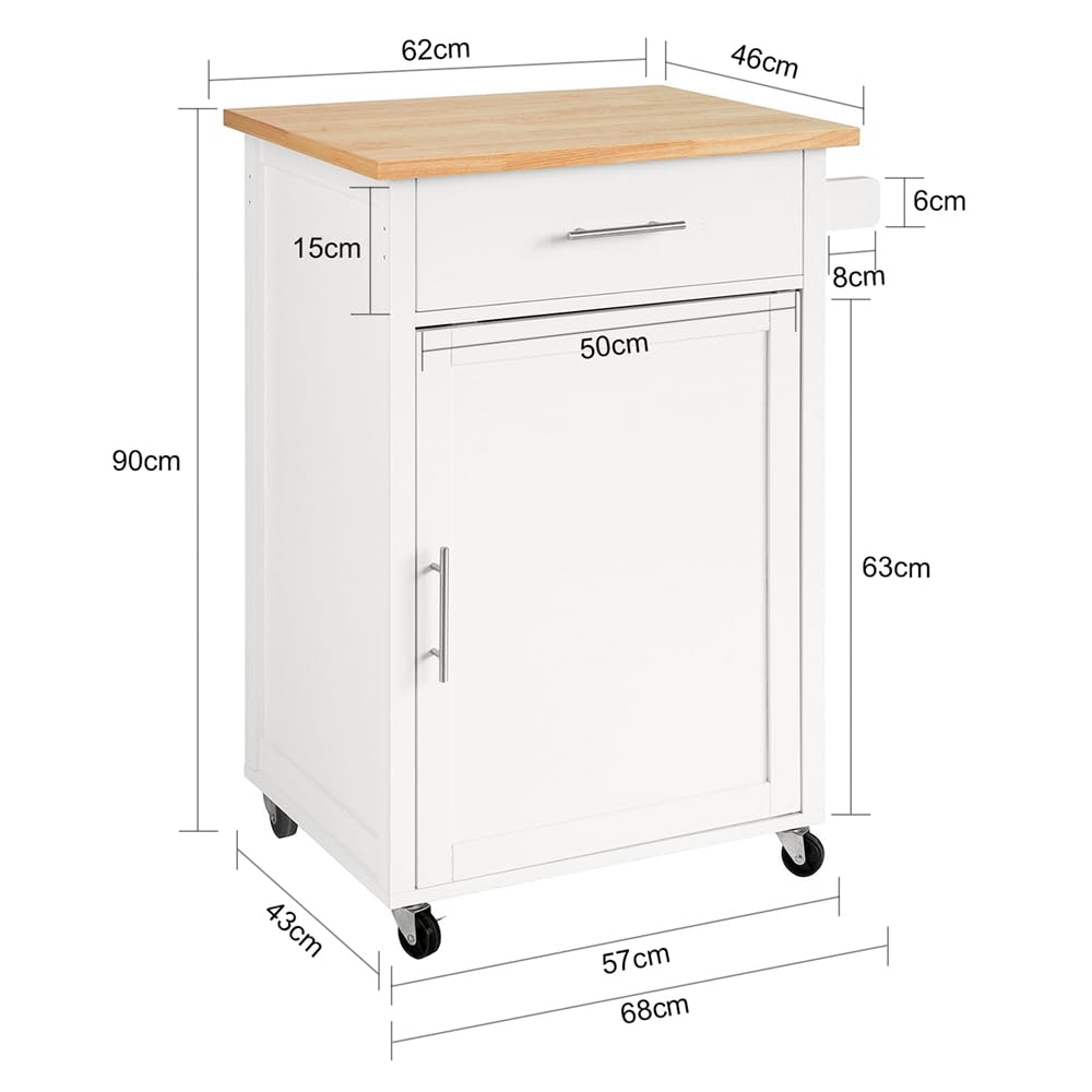 SoBuy Servierwagen mit Rollen Küchenwagen mit Arbeitsplatte Rollwagen Küche Beistellwagen Regal Küche weiß-Natur BHT ca. 68x90x46cm FKW102-WN