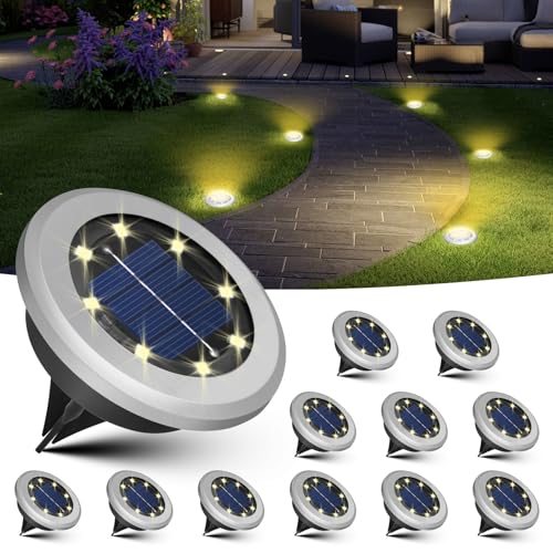 Jsdoin 12 Paquetes Luces Solares LED Exterior Jardin, 8 LED Luz Solar Exterior Jardin Suelo, IP44 Impermeable Lamparas Solares Suelo Camino, Césped, Patio, Terraza (Blanco Cálido)