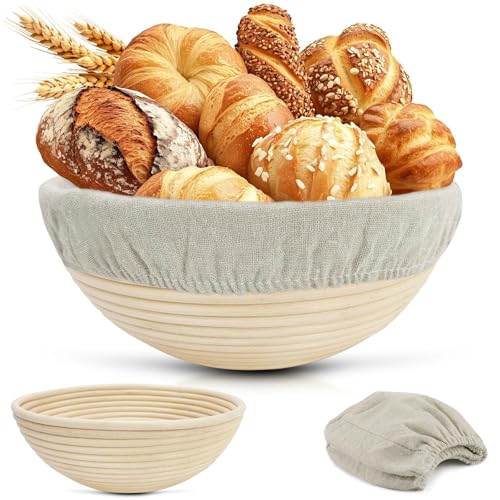 Yonality Rattan Gärkörbchen rund Peddigrohr Brotbackform mit waschbarem Leineneinsatz 23cm Rattan Gärungskorb für 1kg Teig inkl Brotkorb für Professionelle und Häusliche Bäcker Brotbacken