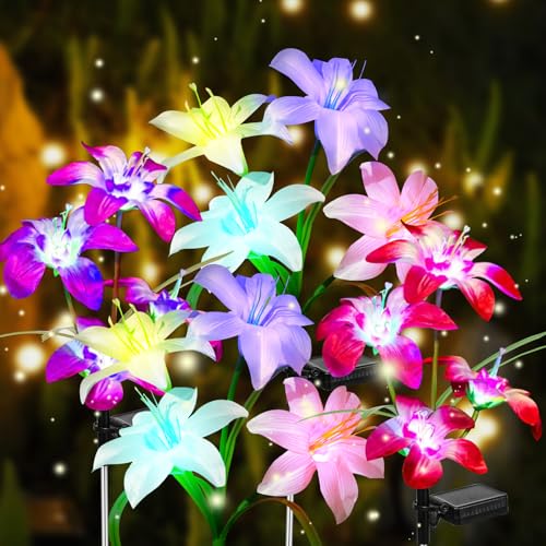 DrWisekee Solar Flower Lights, 2 Pack Solar Lights Outdoor with Bigger Lily Flowers Lights, Color...