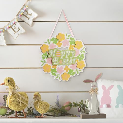 Easter Wooden Wreath Sign 3D Colorful Happy Door sign Wall Hanging Folding Wreath for Easter Decor Front Door Sign Spring Decor for Home Decoration Farmhouse Wall