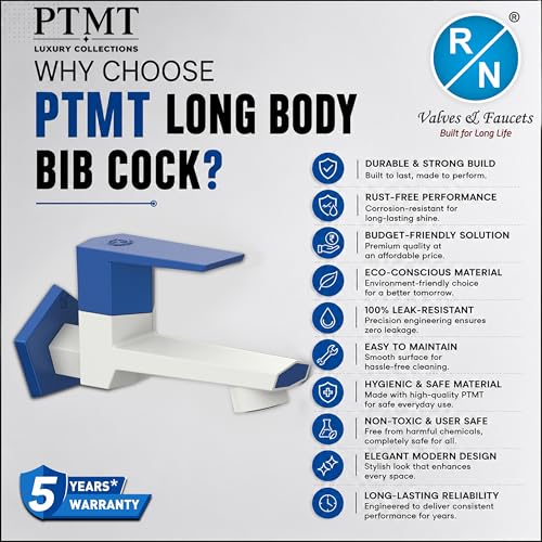 Image of RN PTMT Long Body Bib Cock for Bathroom | 15mm Long Body Foam Flow Water Tap with Flange | Luxury G20 Collection Faucet | High-Grade Engineering Polymer Tap (White Metallic Blue Dual, Pack of 1)