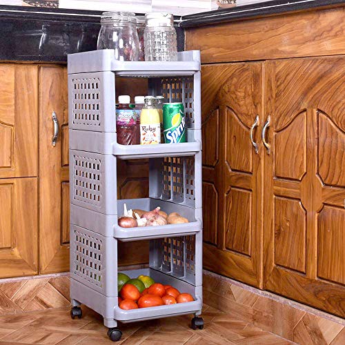 4 Layer Storage Rack Organizer with Wheels for Kitchen Living Room - Plastic Shelf Drawer Multipurpose Ash