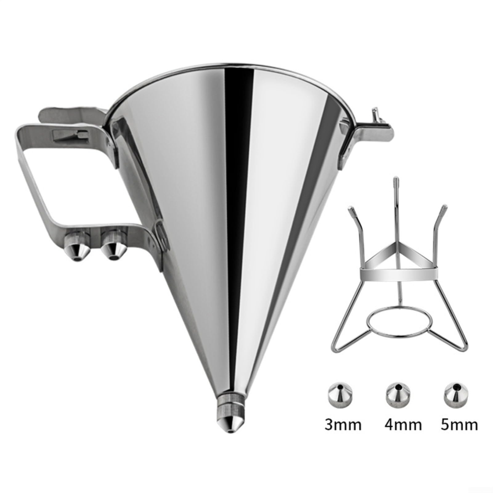 Dispensador de masa para tortitas de acero inoxidable, 1800 ml, con 3 boquillas, embudo de gran capacidad para magdalenas y salsas, dosificación precisa para cocina y panadería, plata
