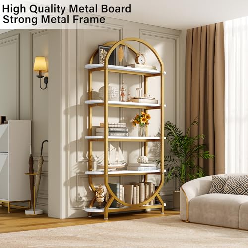 Image of Jehiatek Arched Bookshelf Bookcase, 71 Inches Tall Industrial Book Shelf with Sturdy Metal Frame, E1 Quality Boards, Freestanding Display Shelving Unit, Gold