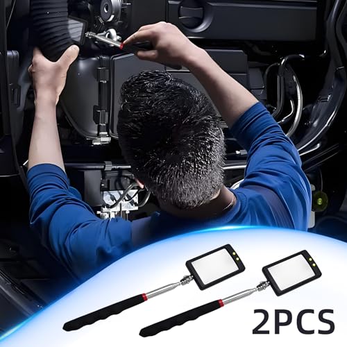 2 Stück Teleskop Inspektionsspiegel, 360° Drehbar LED Teleskop Spiegel Werkzeug mit 87CM Einziehbarem Griff, Flexibler Teleskopierbarer LED-Beleuchteter für Werkzeugmaschinen Zusätzliche Sicht