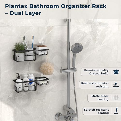 Image of Plantex Shelf for Bathroom /GI Steel Soap Stand with Side Hooks with Minor Surface Marks from Transit, Fully Quality Checked /Bathroom Organiser Without Drill (Black, Powder Coated)