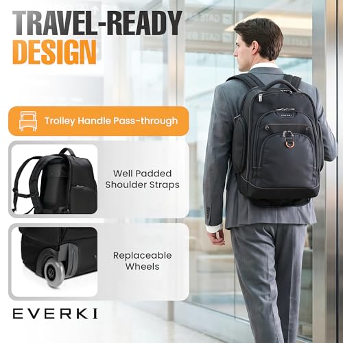 Image of EVERKI Atlas Wheeled 2 Rolling Backpack - Business 30L Travel Backpack with Grey Replaceable Wheels for Professional, RFID-Blocking, Books, Quick-Access Pocket & 13 inch to 17.3 inch Laptops - (EKP122BG-ECO)