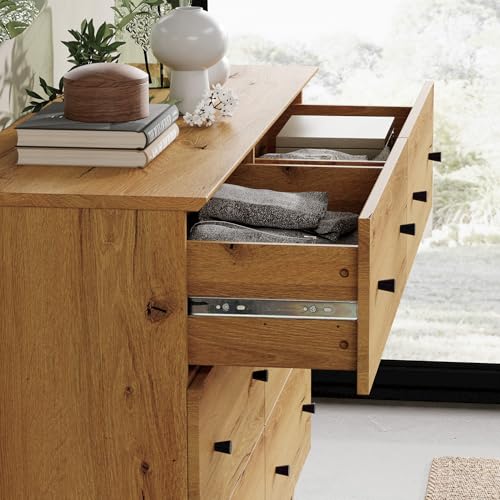 Image of WAMPAT Bedroom Dresser with 6 Drawers, Modern Chest of Drawers with Black Knobs, Wide Oak Brown Wood Finish Storage Organizer for Kids Room, Living Room, Nursery, 47.2x15.5x32.4