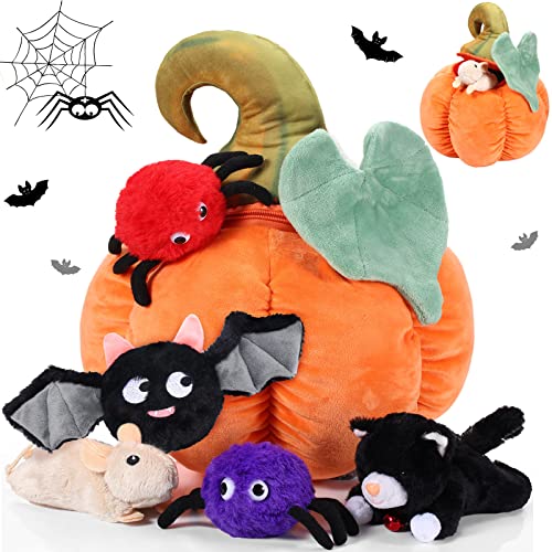 6 Pieces My First Pumpkin Toys Stuffed Animals Mouse Cat Spider Bat Pumpkin Stuffed Playset Pumpkin Plush Pillow for Halloween Thanksgiving Fall Harvest Little Pumpkin BabyShower Party Decoration
