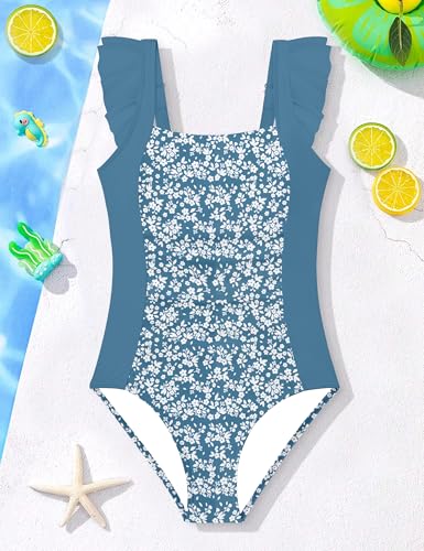 Image of Girls Swimsuit Ruffle Solid One Piece Bathing Suits 7-18 Years | Teen Bathing Suits for Girls Ruched Sleeveless Girls' Swimwear