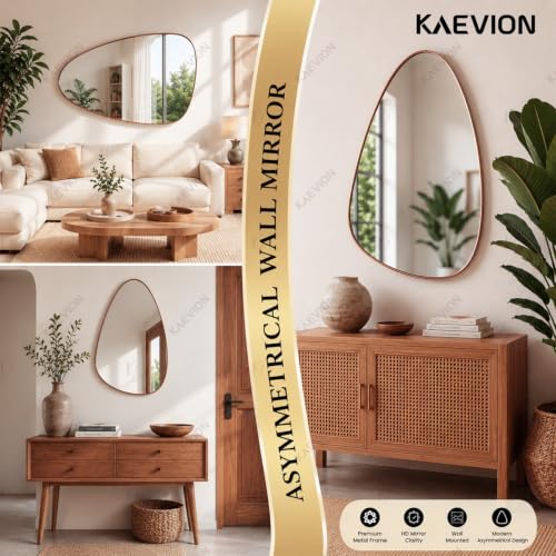 Image of 5mm Thick Irregular Wall Hanging Mirror - Asymmetric Teardrop Shaped Decorative Mirror with Sleek Rose Gold Bidding for Bedroom, Living Room, Vanity & Entryway