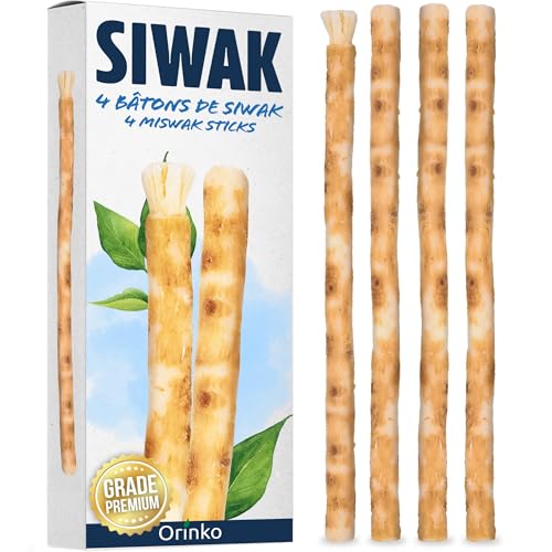 ORINKO Juego de 4 palos de Siwak - Cepillo de dientes 100% natural - Limpiador, desinfectante y blanqueador - Ecológico, Biodegradable y vegano [