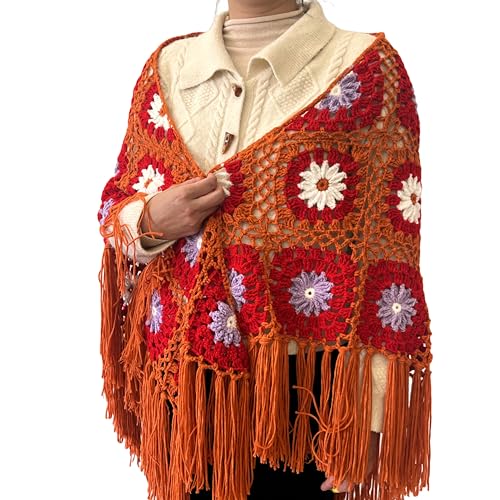 Handmade Crochet Fringed Poncho Cape Tassels Shawls Wraps Granny Square Womens Coat Sweater 68x42in