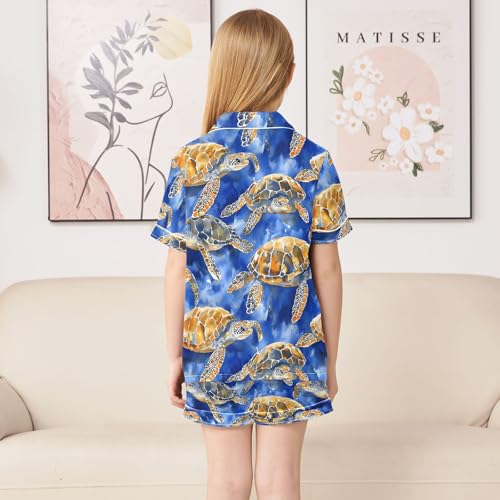 ALAZA Turtle Sea Oil Painting Blue Satin Pajamas Set Short Sleeve Button Down Sleepwear Summer Pjs 2 Piece4