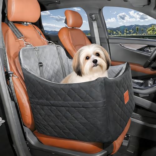 INDYBUD Hunde Autositz für Kleine/Mittlere Hunde, Memory-Schaum Erhöhter Hundesitz Auto, Abnehmbar & Waschbarer Hundebett Auto mit Aufbewahrungstaschen und Sicherheitsleinen (Schwarz Grau, Mittel)