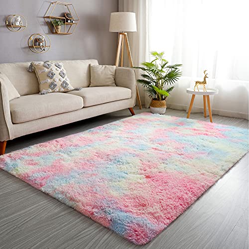 GKLUCKIN Ultra Soft Rugs, 6'x9' Fluffy Area Rugs for Living Room Bedroom Non-Slip Tie-Dyed Rainbow Rugs Shag Cute Kids Girls Room Nursery Rugs