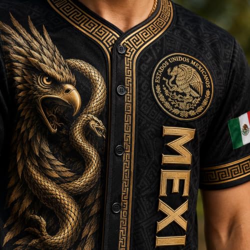 Jersey de béisbol de México para hombres y mujeres, camisa con botones de la bandera mexicana, jersey de manga corta con diseño de águila azteca miniatura 4